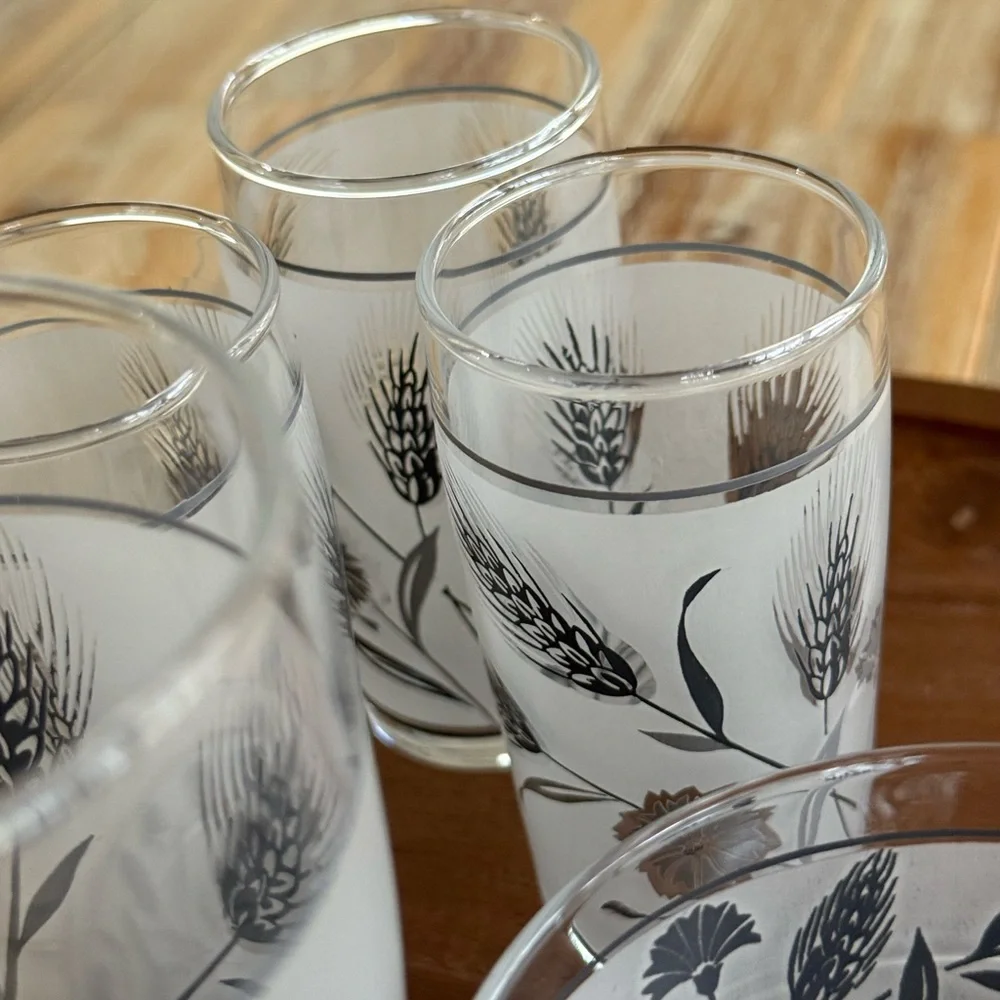 Vintage Libbey Frosted Silver Leaf Wheat Glassware Set of Six 1960s MCM